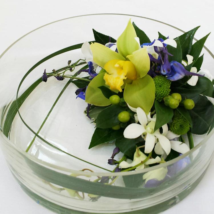 Simple Elegant Low Green, White and Blue Centerpiece
